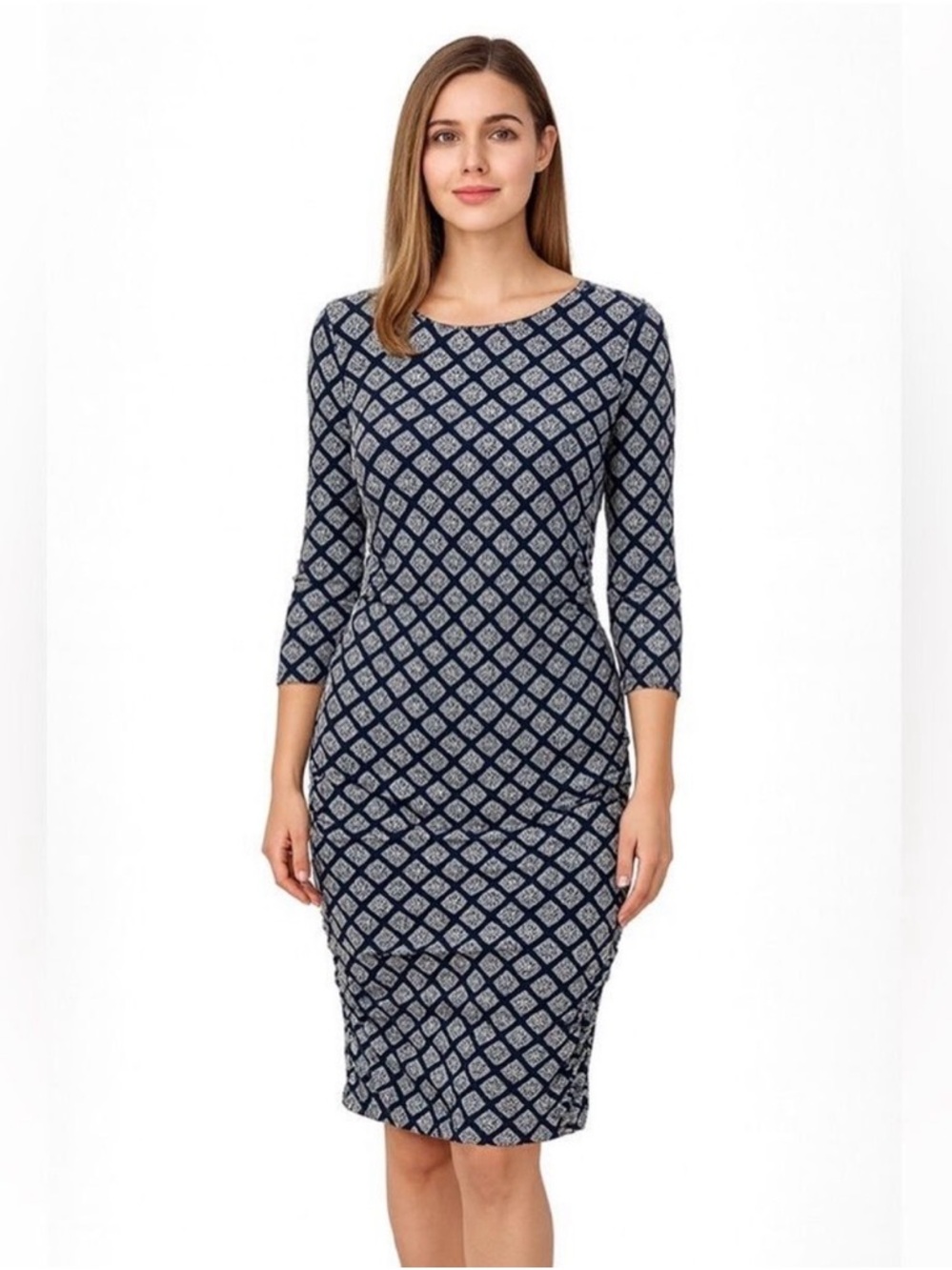Hatley Womens Blue Geometric Dress Size Medium Elastic Waist 3/4 Sleeve Scoop